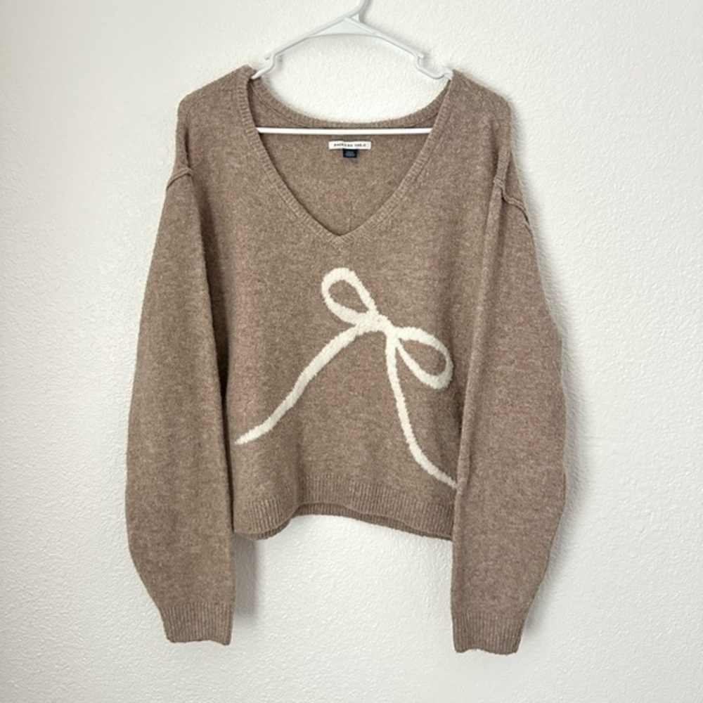 American Eagle Sweater Women’s S Tan Brown Bow V-Neck Pullover